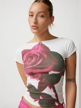White Graphic Ribbed Tee with Pink & Green Rose Graphic